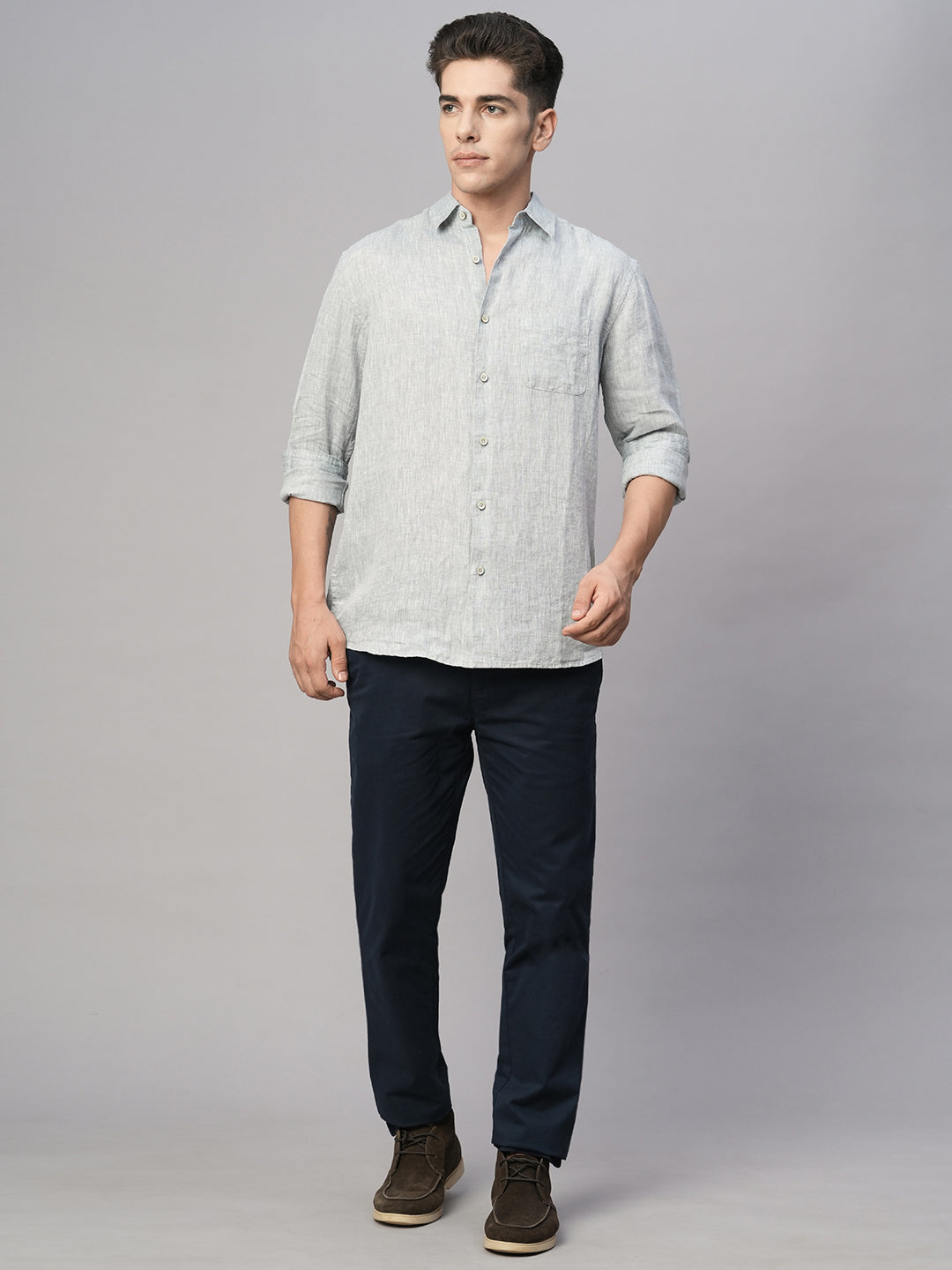 Men's Grey Linen Regular Fit Shirt