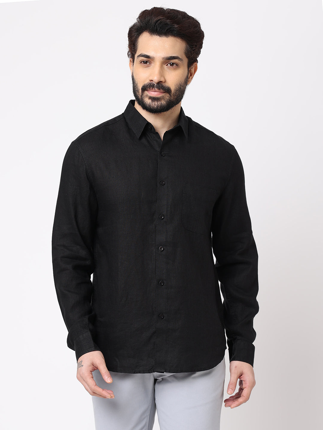 Men's Black Linen Regular Fit Shirt