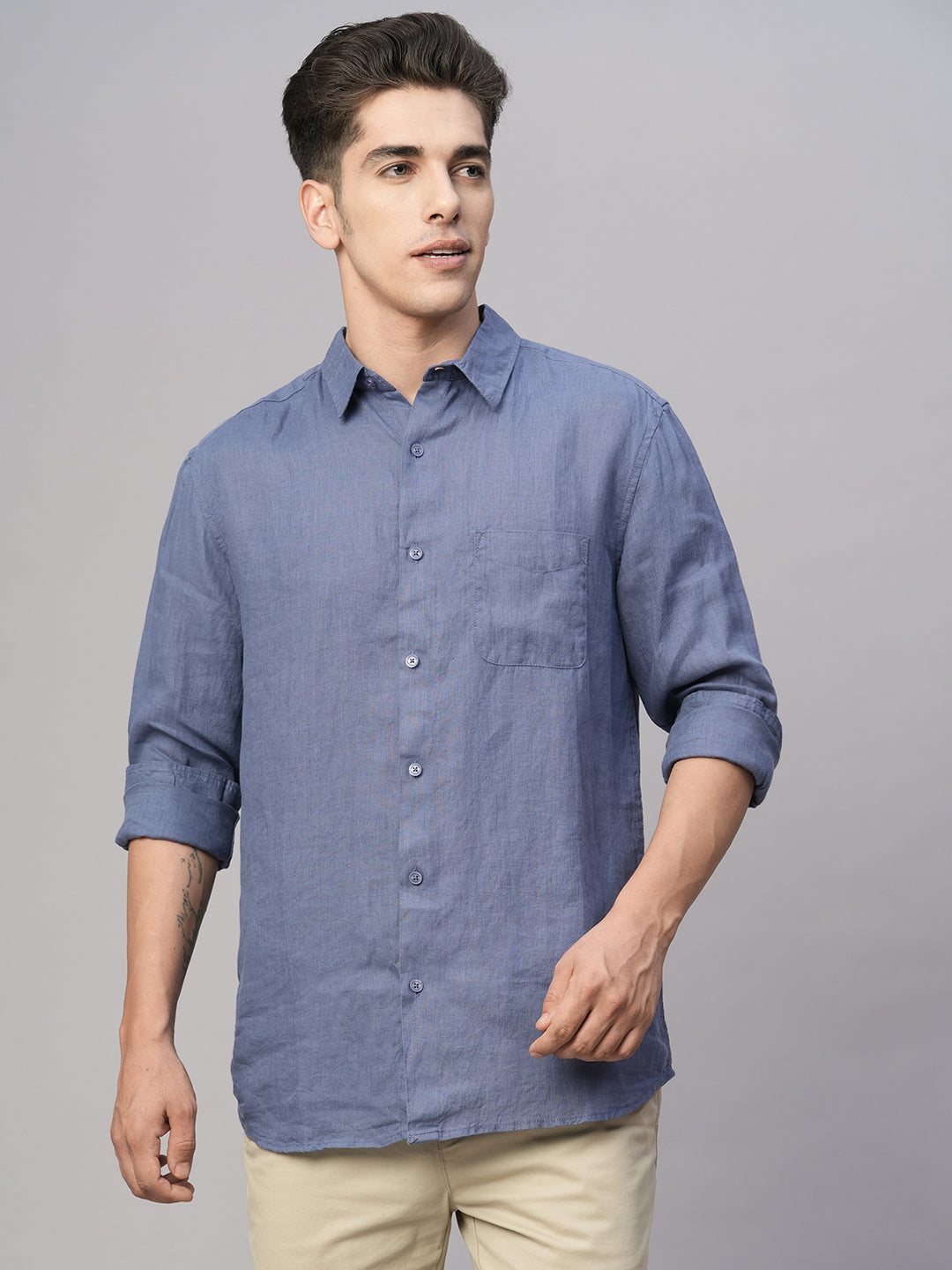 Men's Blue Linen Regular Fit Shirt