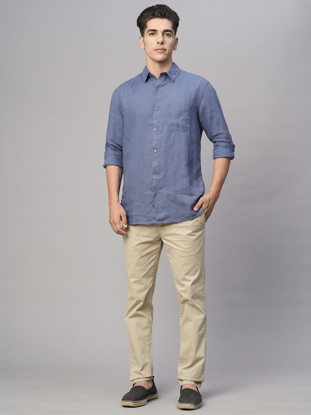 Men's Blue Linen Regular Fit Shirt