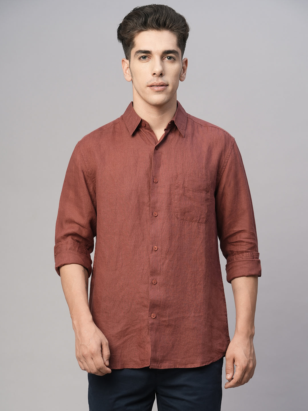 Men's Red 100% Linen Regular Fit Shirt