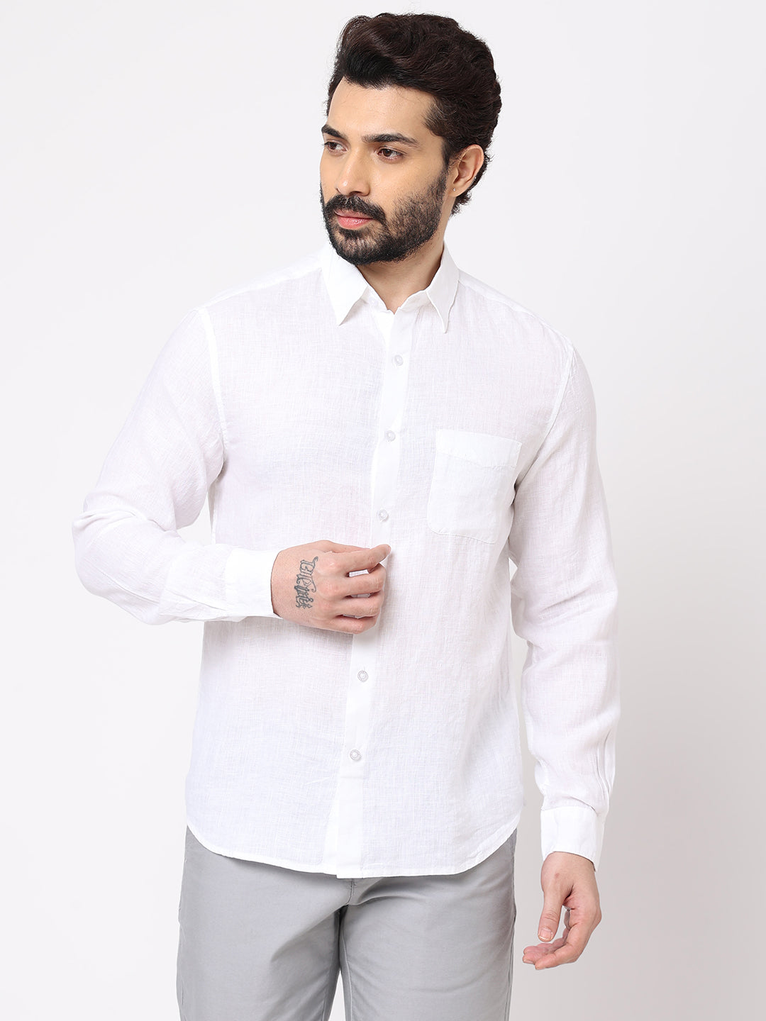 Men's White 100% Linen Regular Fit Shirt