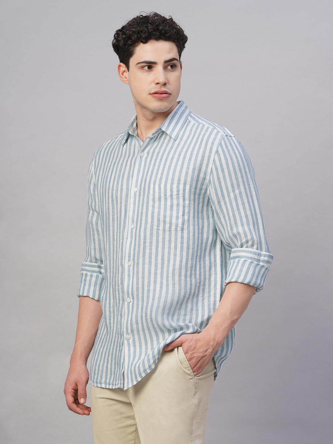 Men's Blue 100% Linen Regular Fit Shirt