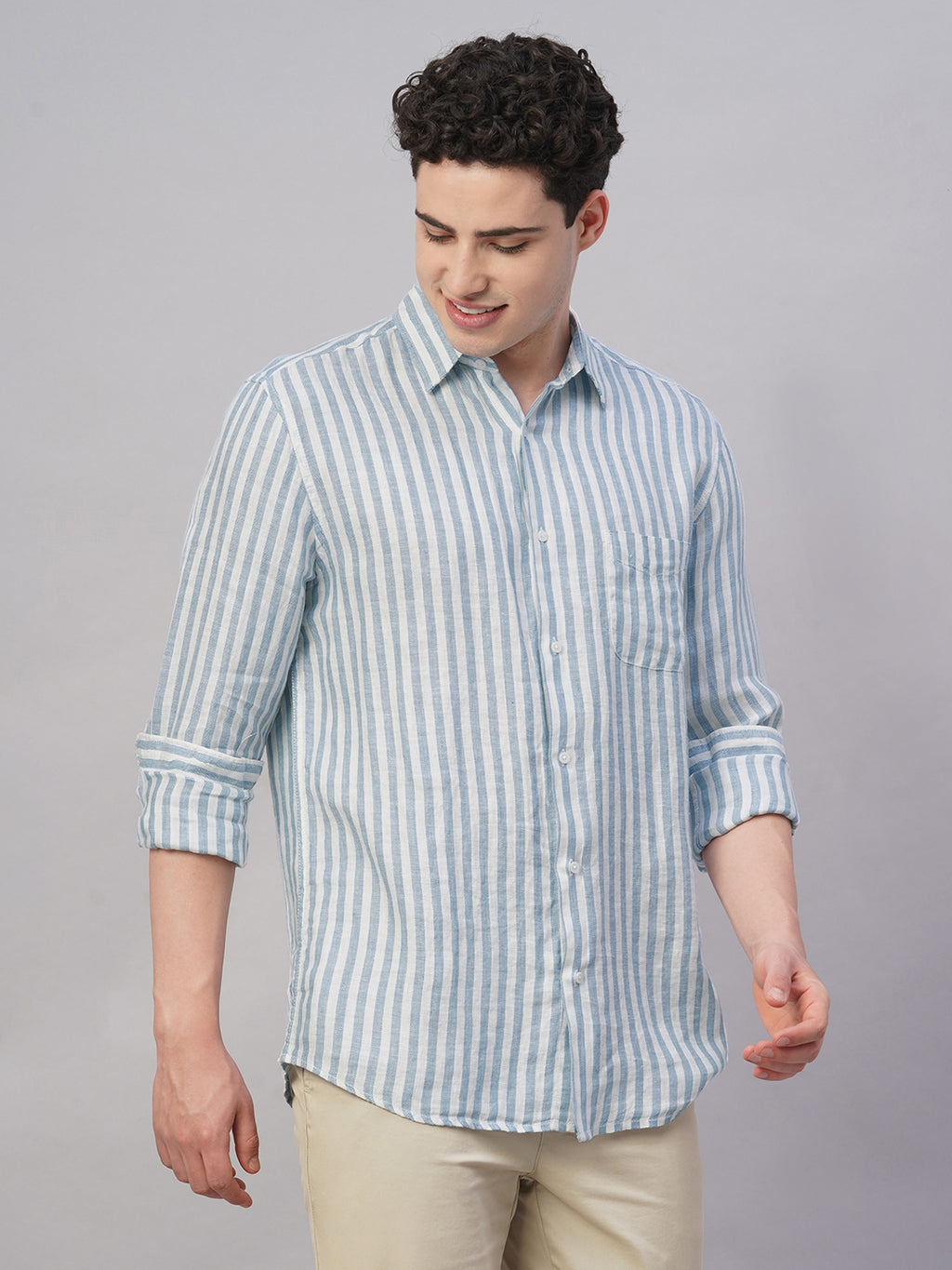Men's Blue 100% Linen Regular Fit Shirt