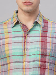 Men's 100% Linen Regular Fit Check Shirt Multi