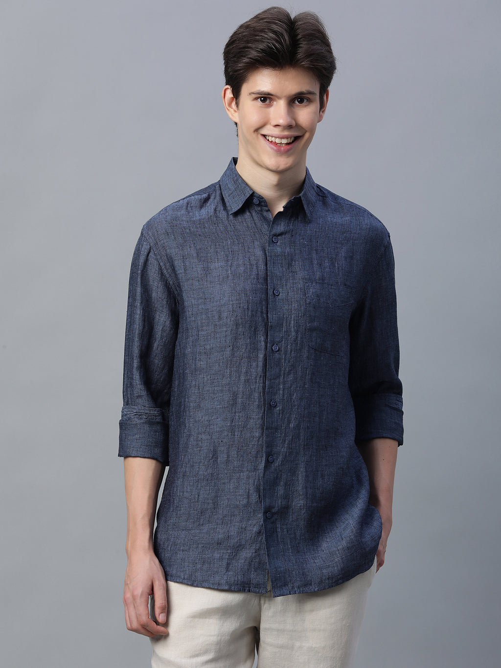 Men's Navy 100% Linen Regular Fit Shirt