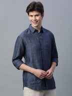 Men's Navy 100% Linen Regular Fit Shirt