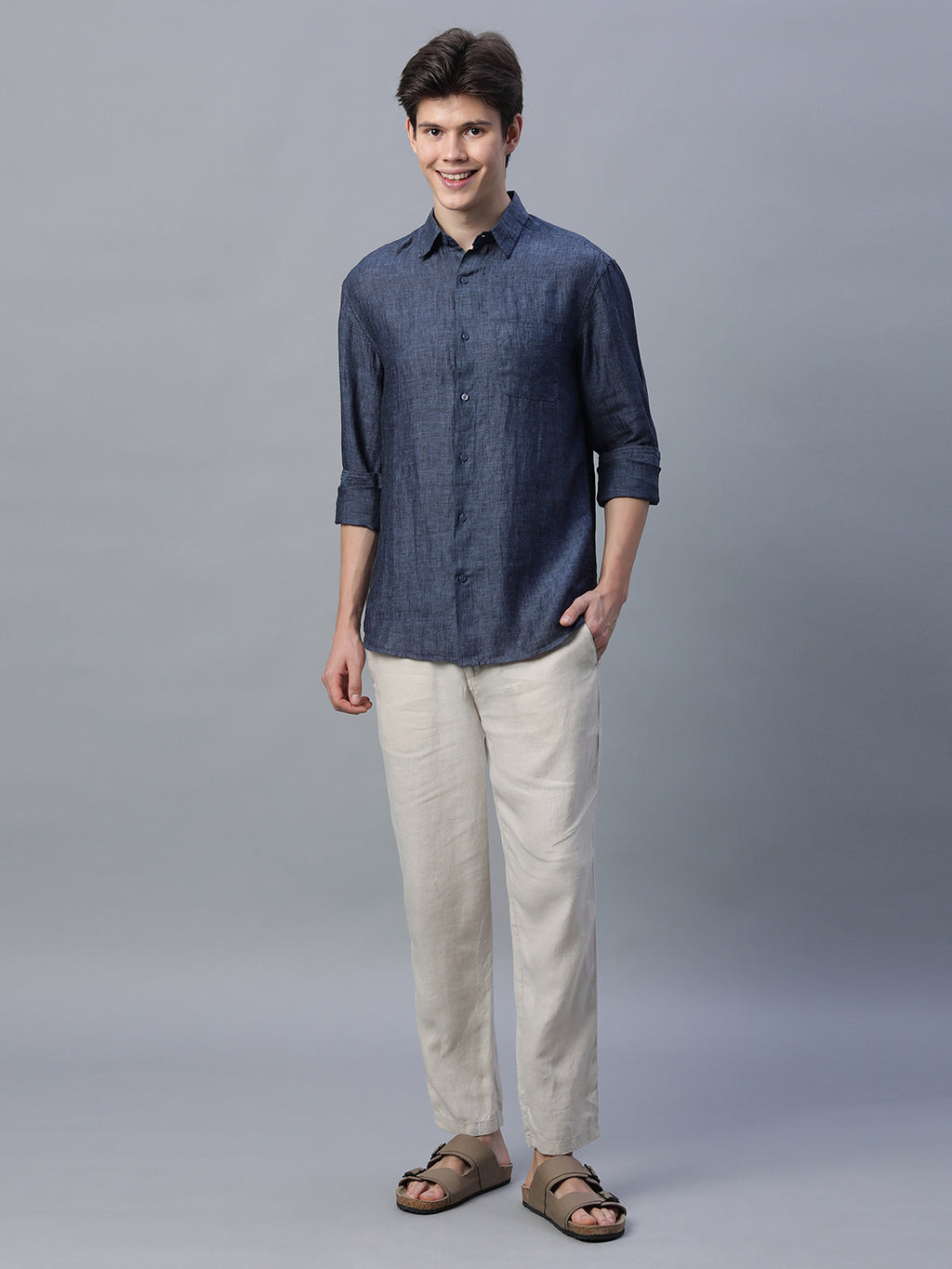 Men's Navy 100% Linen Regular Fit Shirt
