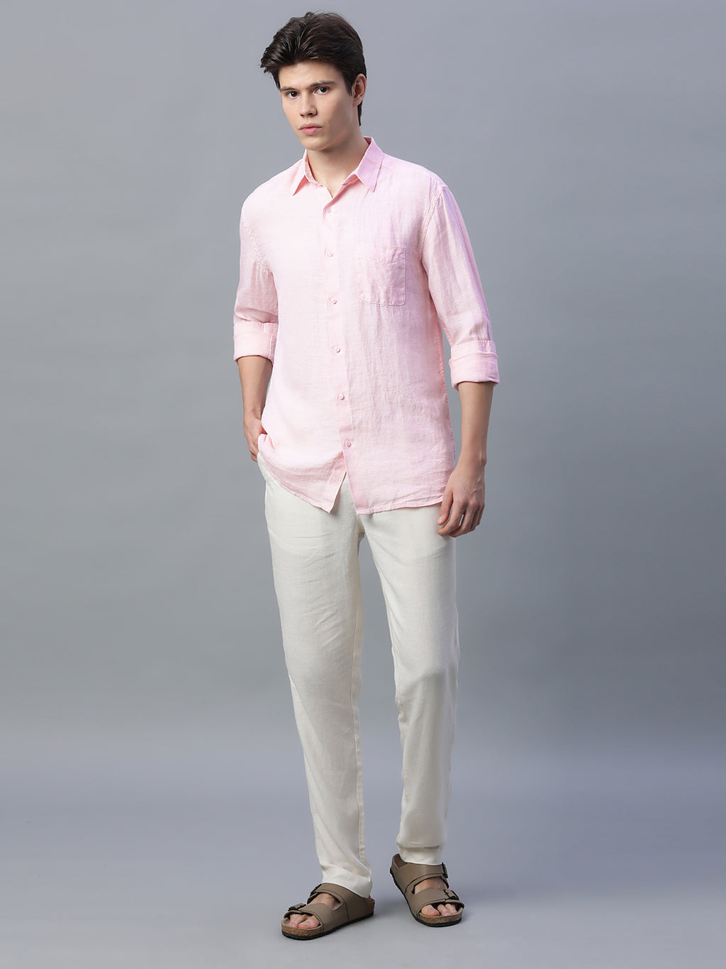 Men's Pink 100% Linen Regular Fit Shirt