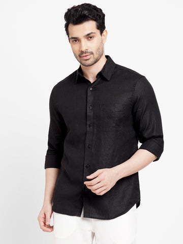 Men's Black 100% Linen Regular Fit Shirt