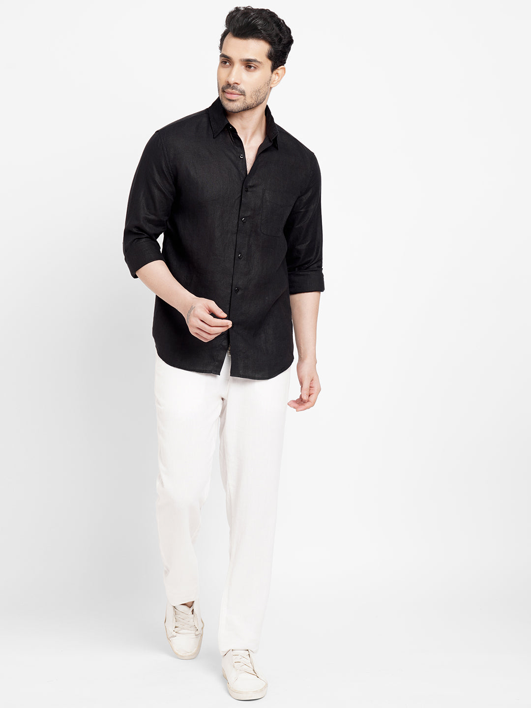 Men's Black 100% Linen Regular Fit Shirt