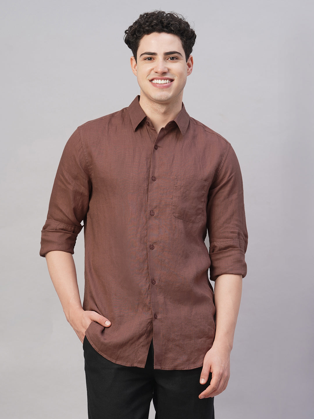 Men's Brown 100% Linen Regular Fit Shirt