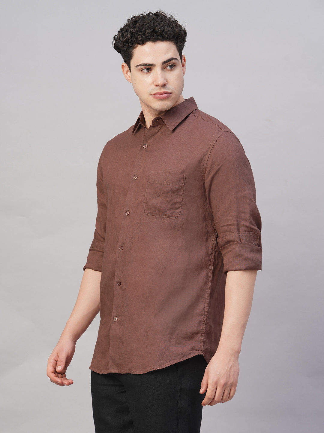 Men's Brown 100% Linen Regular Fit Shirt