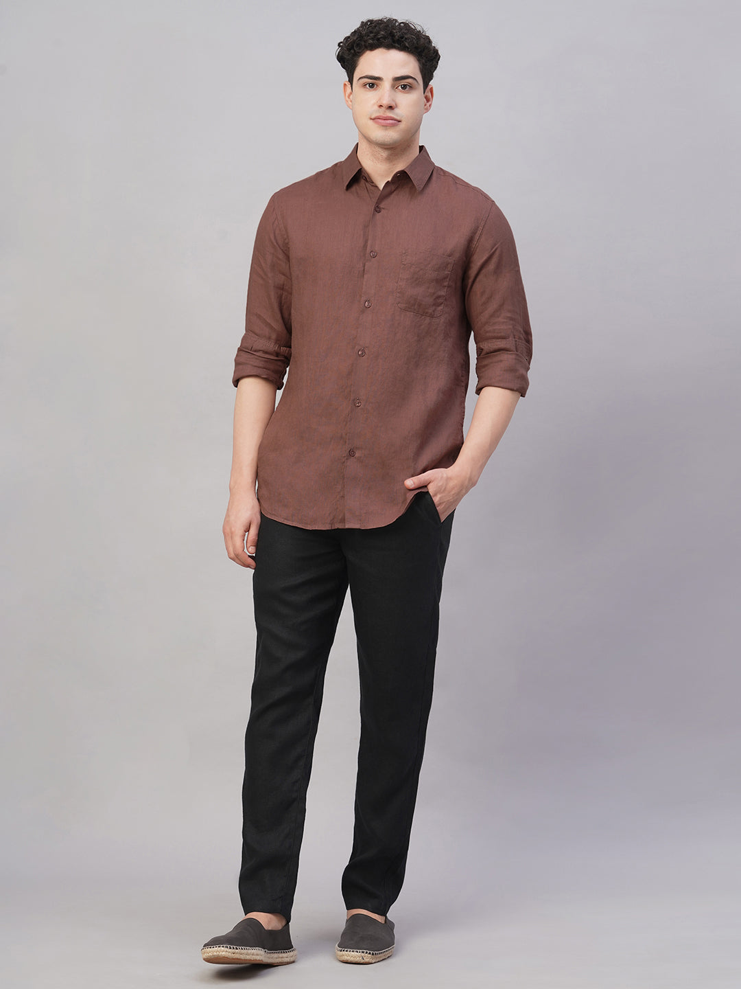 Men's Brown 100% Linen Regular Fit Shirt