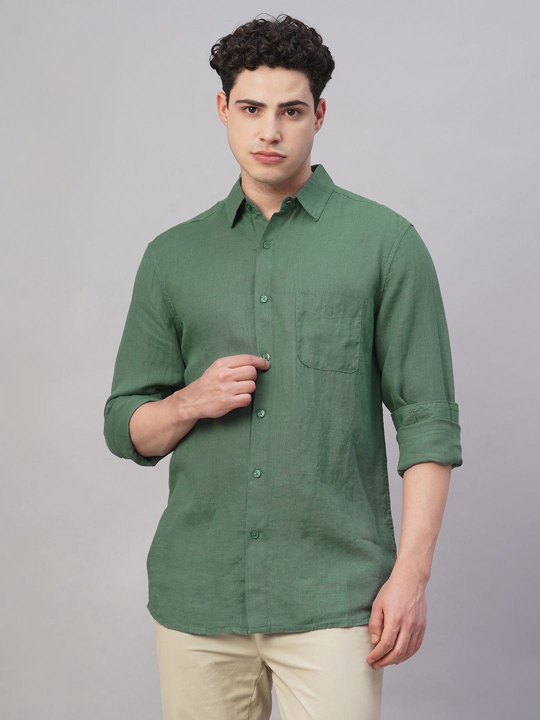 Men's Green 100% Linen Regular Fit Shirt