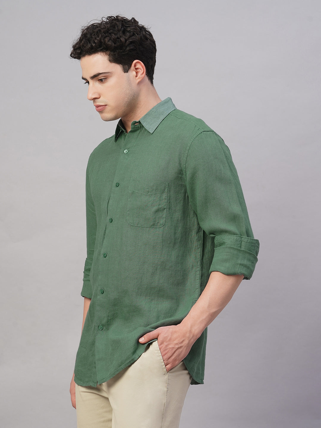 Men's Green 100% Linen Regular Fit Shirt