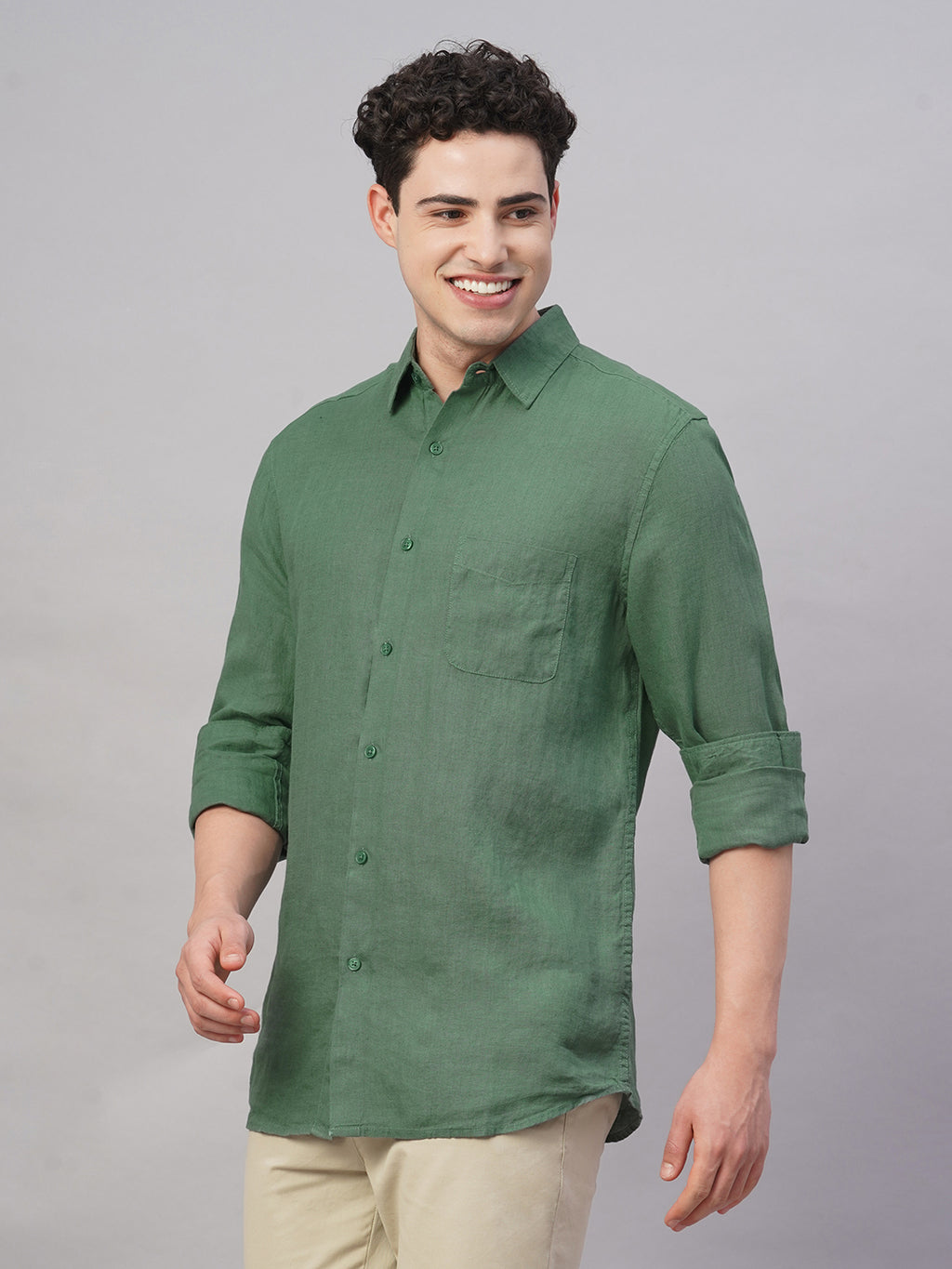 Men's Green 100% Linen Regular Fit Shirt