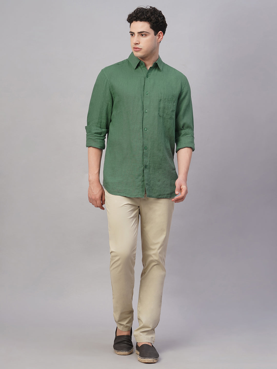Men's Green 100% Linen Regular Fit Shirt