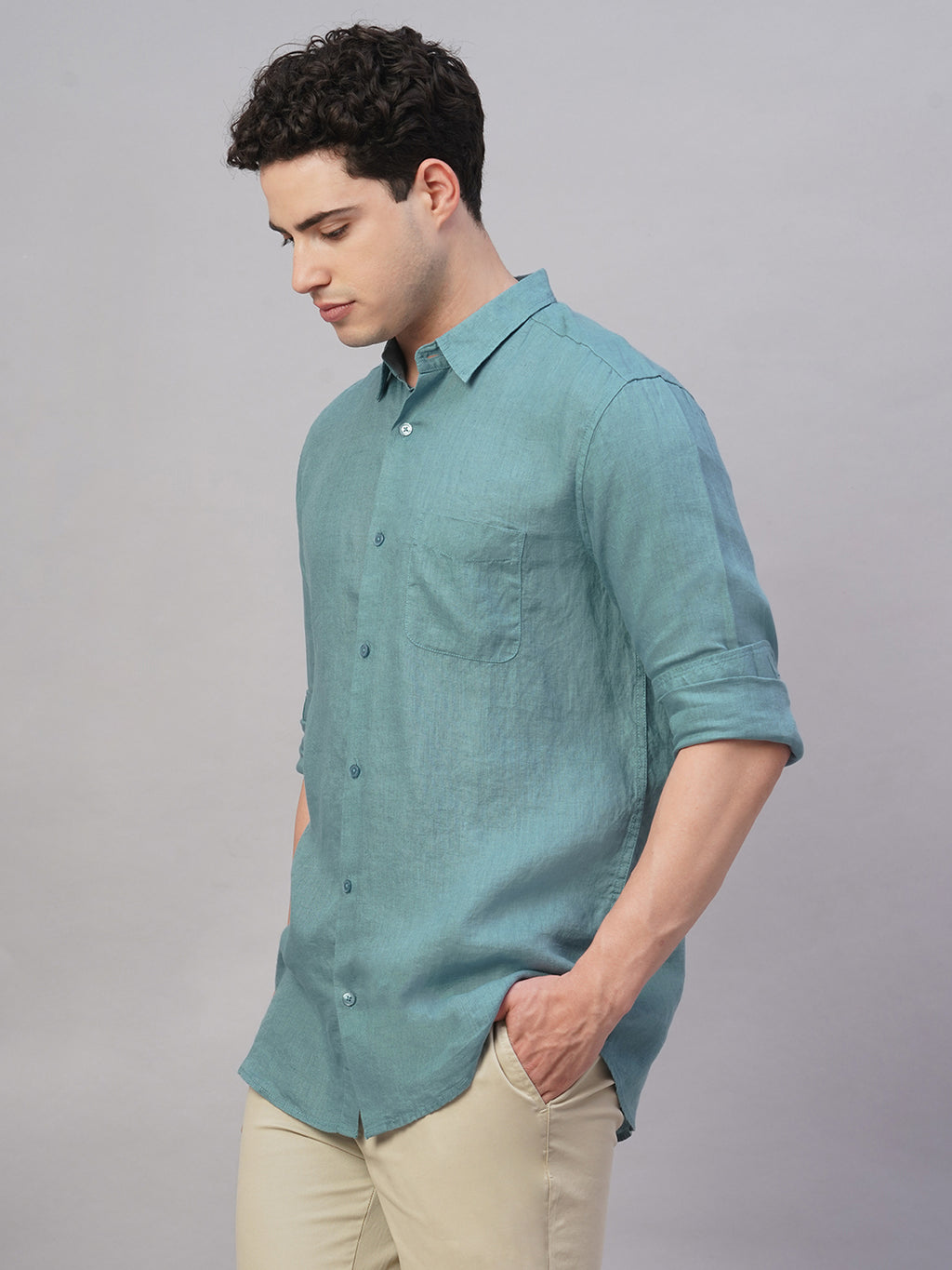 Men's Teal 100% Linen Regular Fit Shirt