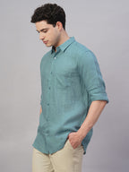 Men's Teal 100% Linen Regular Fit Shirt