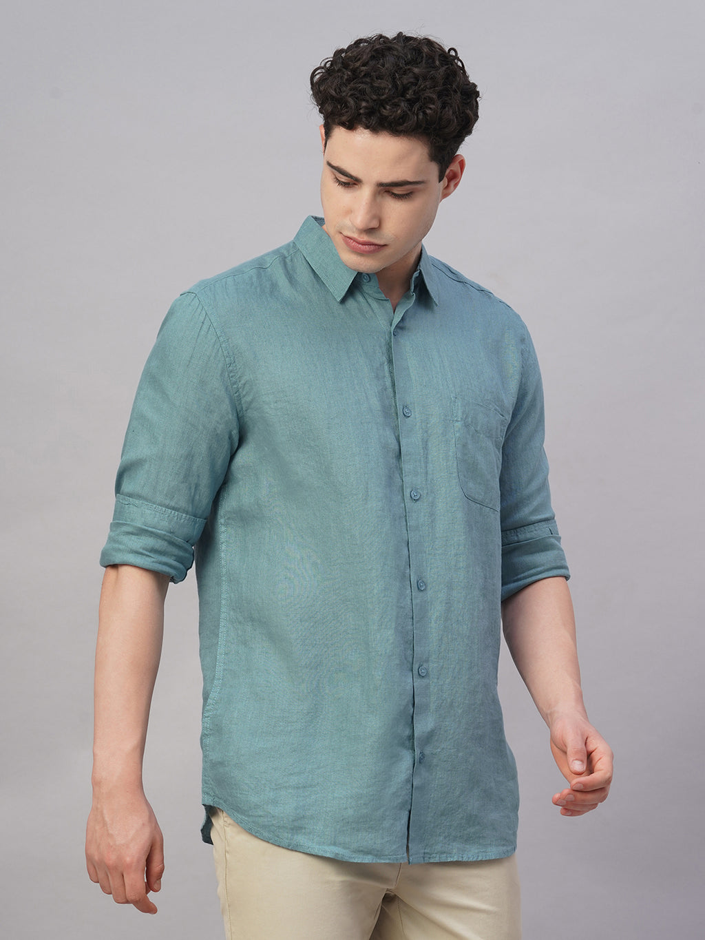 Men's Teal 100% Linen Regular Fit Shirt