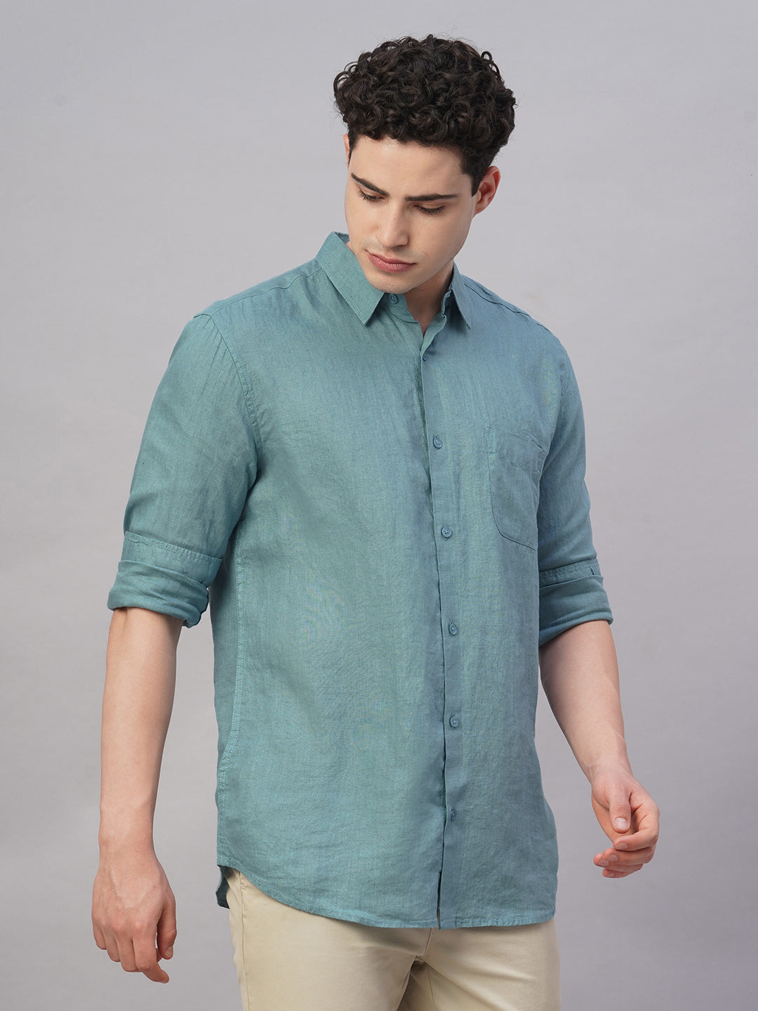 Men's Teal 100% Linen Regular Fit Shirt