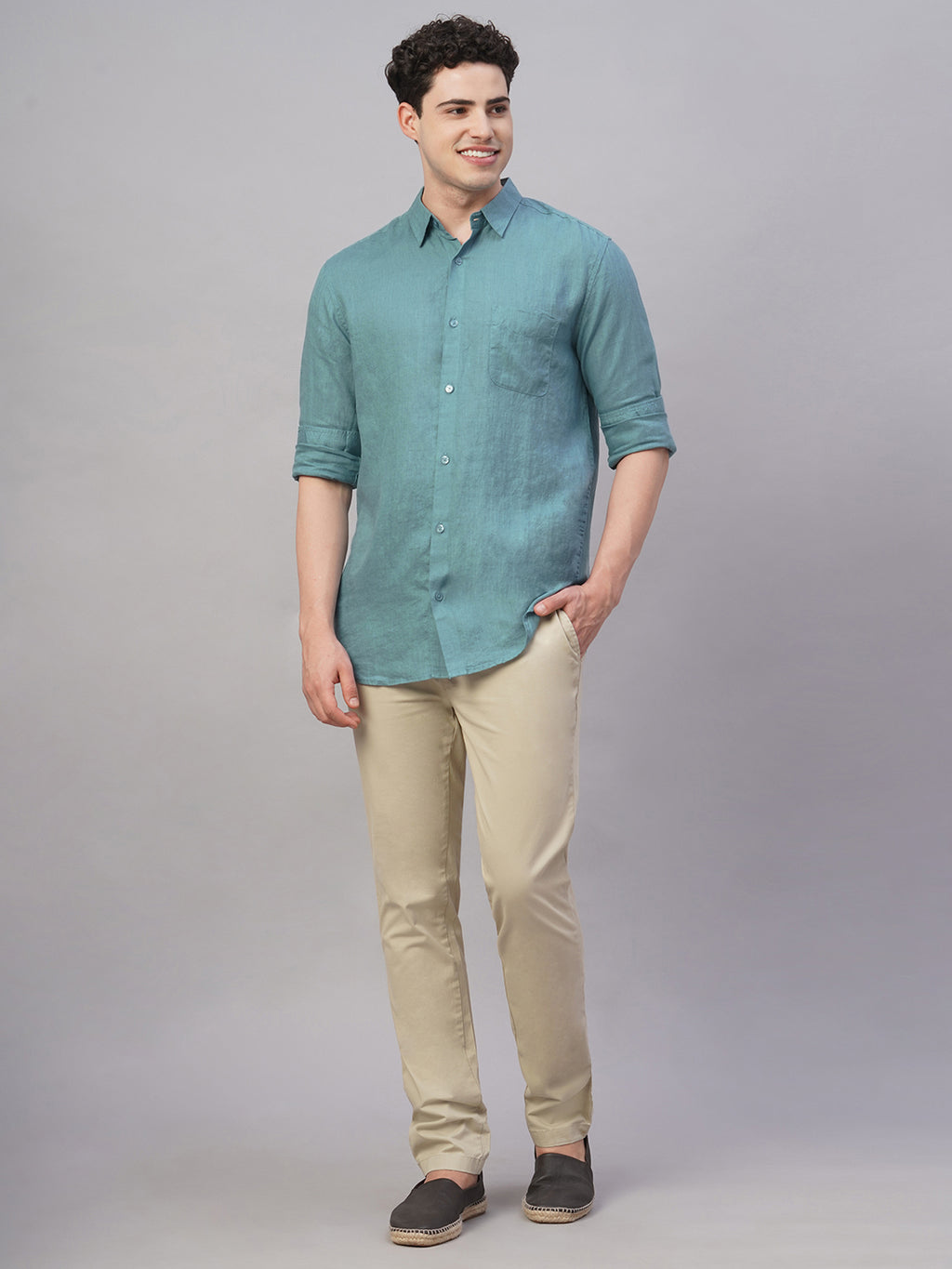 Men's Teal 100% Linen Regular Fit Shirt