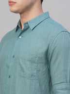 Men's Teal 100% Linen Regular Fit Shirt