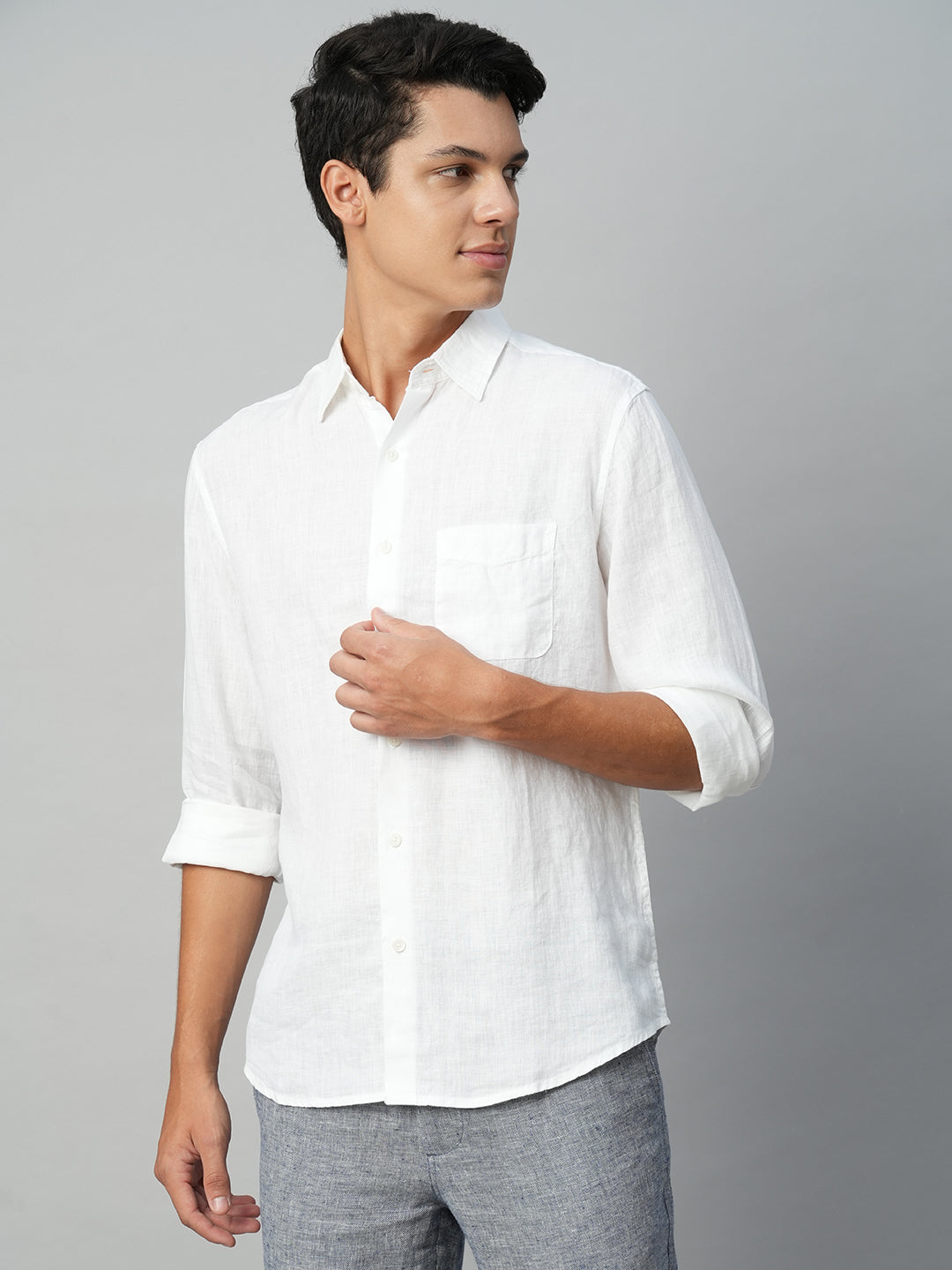 Men's White 100% Linen Regular Fit Shirt