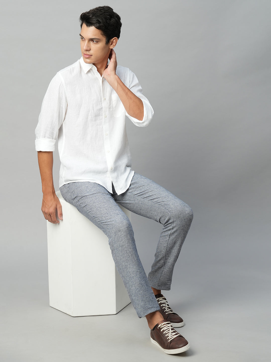 Men's White 100% Linen Regular Fit Shirt