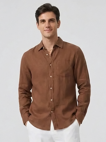 Men's Brown 100% Linen Regular Fit Shirt