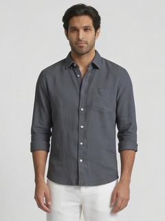 Men's Navy 100% Linen Regular Fit Shirt