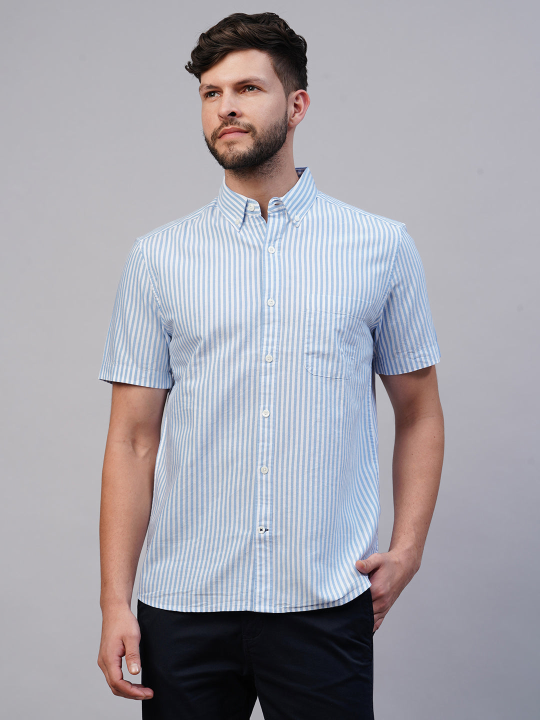 Men's Blue Oxford Cotton Striped Regular Fit Short Sleeved Shirt