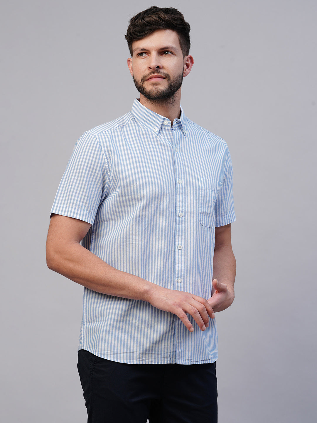 Men's Oxford Cotton Blue Striped Regular Fit Short Sleeved Shirt