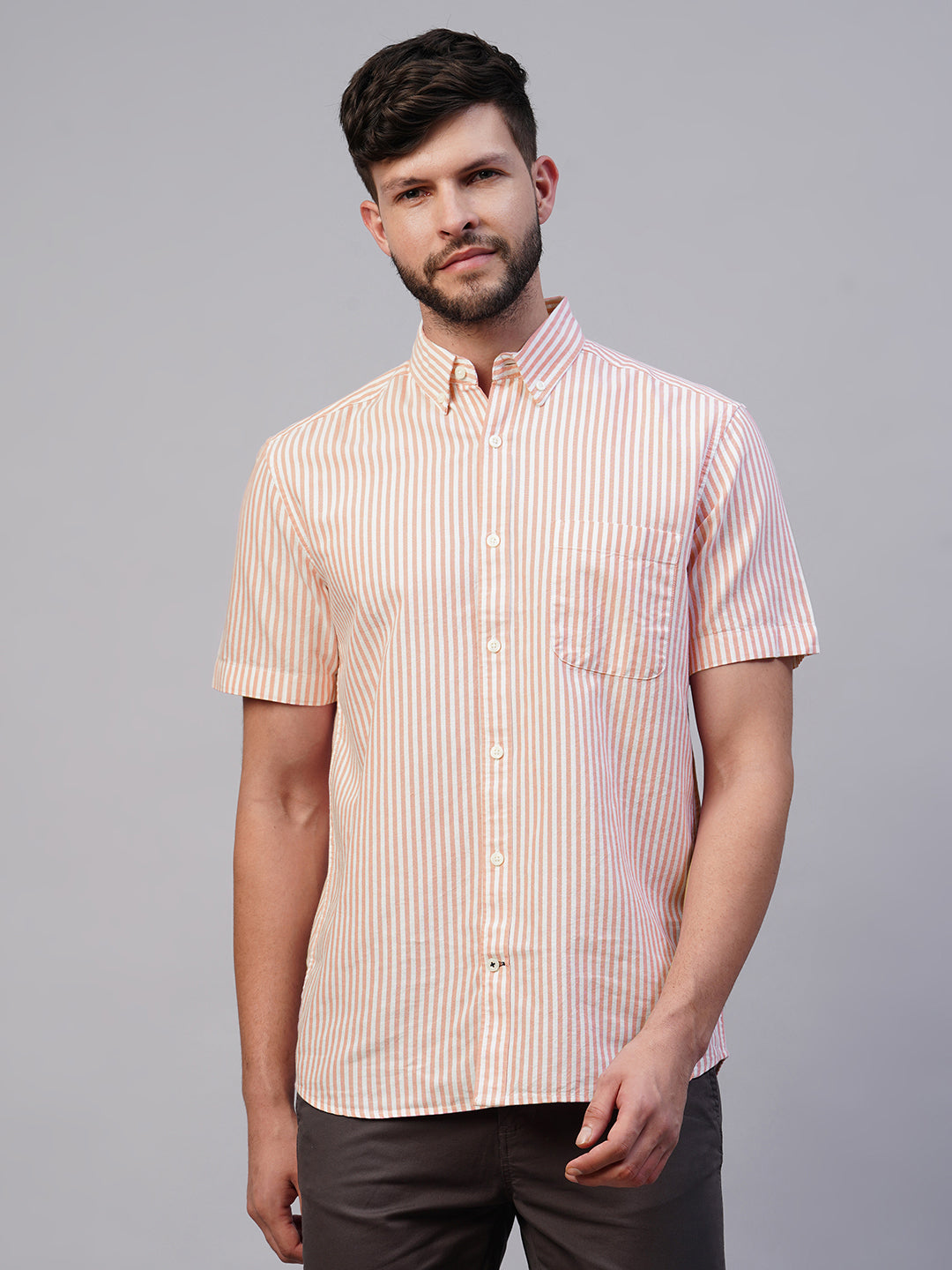 Men's Oxford Cotton Orange Striped Regular Fit Short Sleeved Shirt