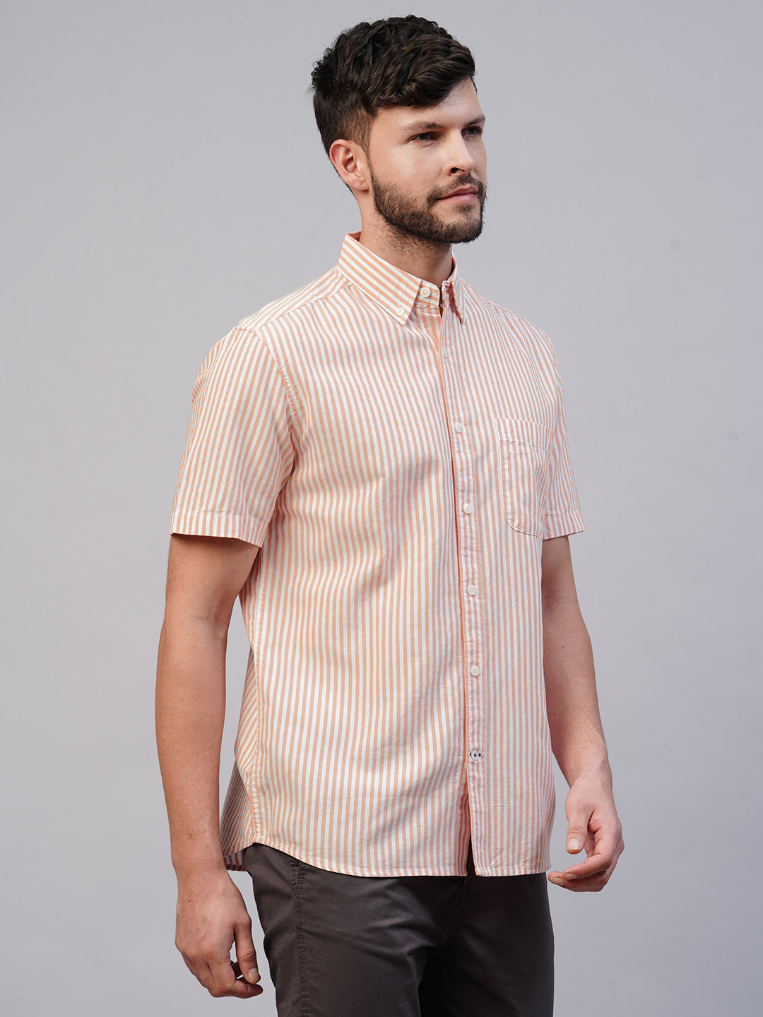 Men's Orange Oxford Cotton Striped Regular Fit Short Sleeved Shirt