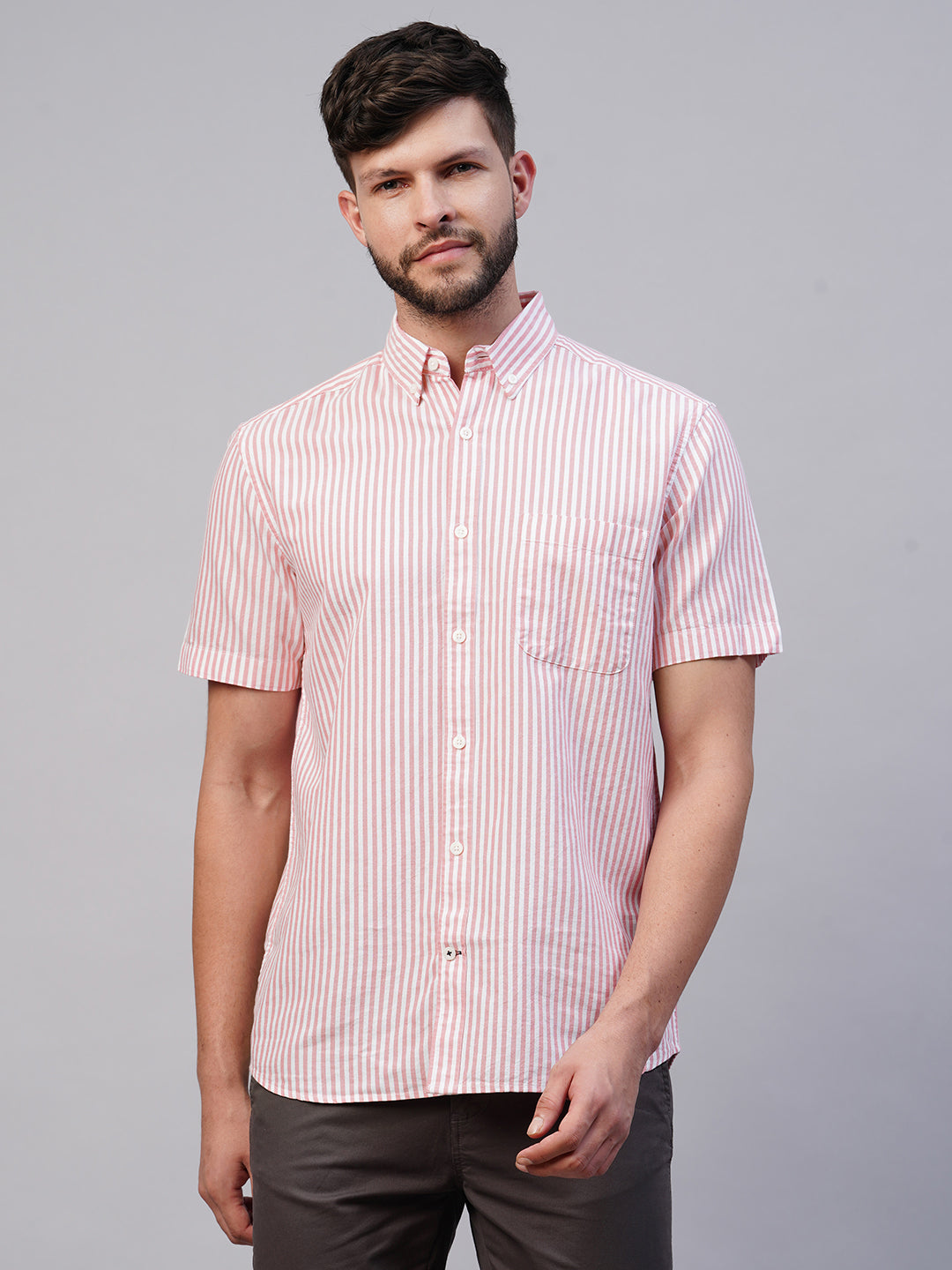 Men's Pink Oxford Cotton Striped Regular Fit Short Sleeved Shirt