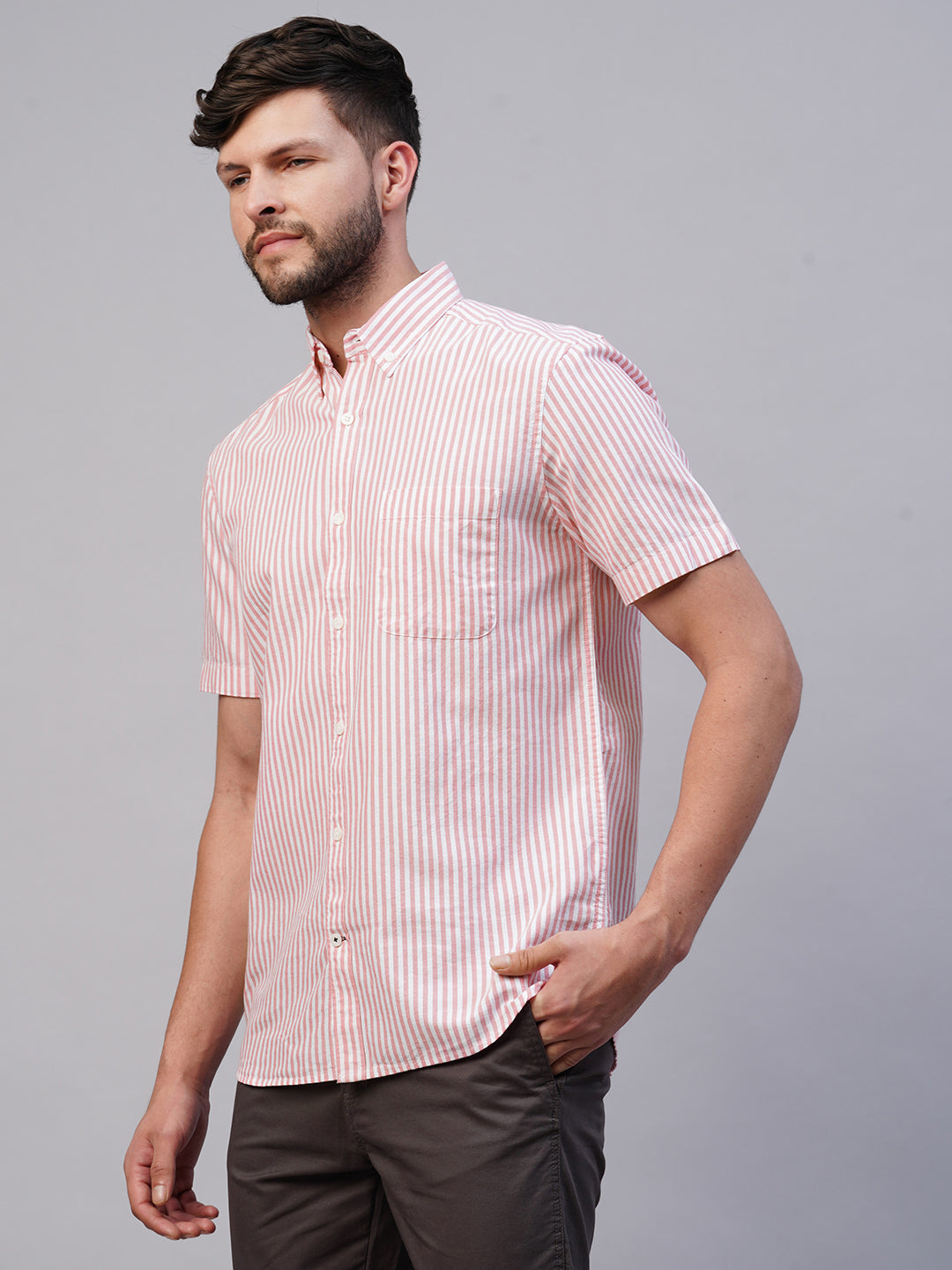 Men's Oxford Cotton Pink Striped Regular Fit Short Sleeved Shirt