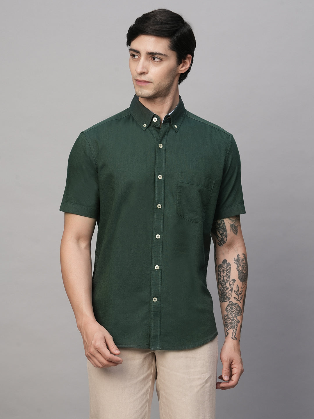 Men's Olive Oxford Cotton Regular Fit Shirts