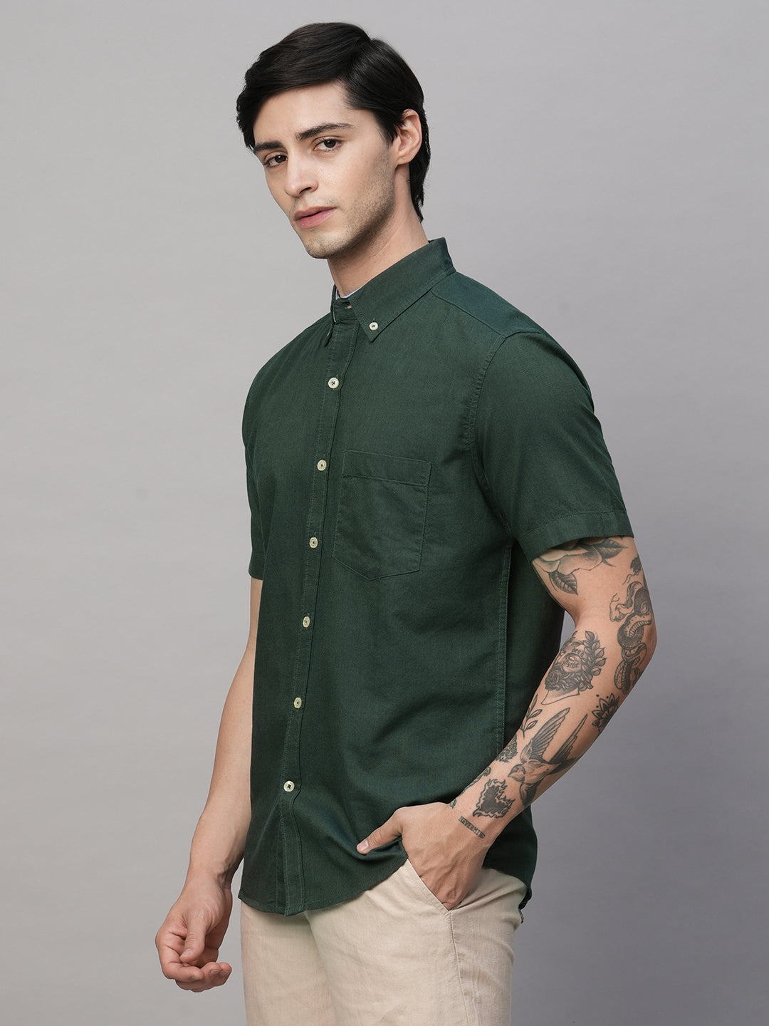 Men's Olive Oxford Cotton Regular Fit Shirts