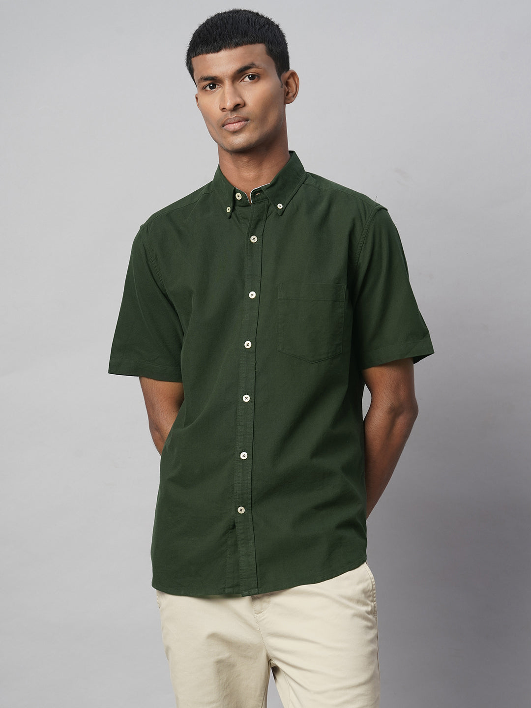 Men's Olive Oxford 100% Cotton Regular Fit Shirt