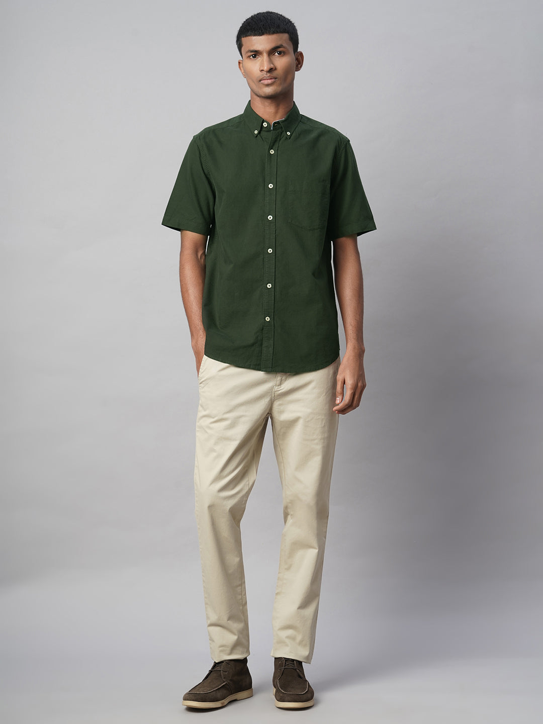 Men's Olive Oxford 100% Cotton Regular Fit Shirt
