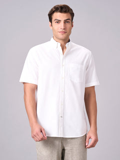 Men's 100% Cotton Regular Fit Band Collar Short Sleeve Shirt White