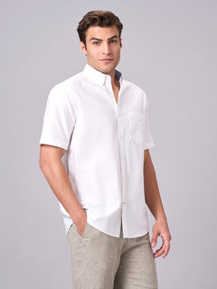 Men's 100% Cotton Regular Fit Band Collar Short Sleeve Shirt White