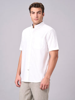 Men's 100% Cotton Regular Fit Band Collar Short Sleeve Shirt White
