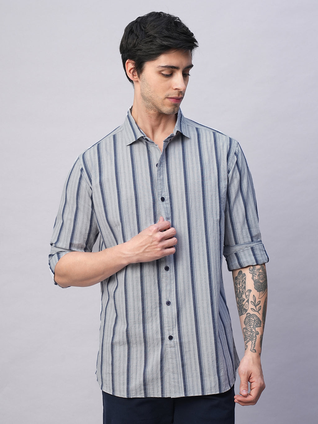 Men's Blue Stripe  Seersucker Slim Fit Shirt