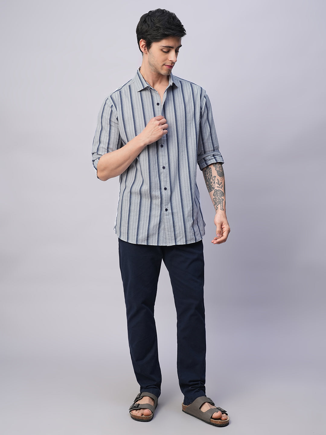 Men's Blue Stripe  Seersucker Slim Fit Shirt