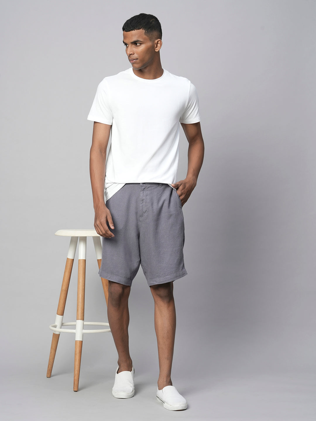 Men's Grey Linen Viscose Regular Fit Shorts