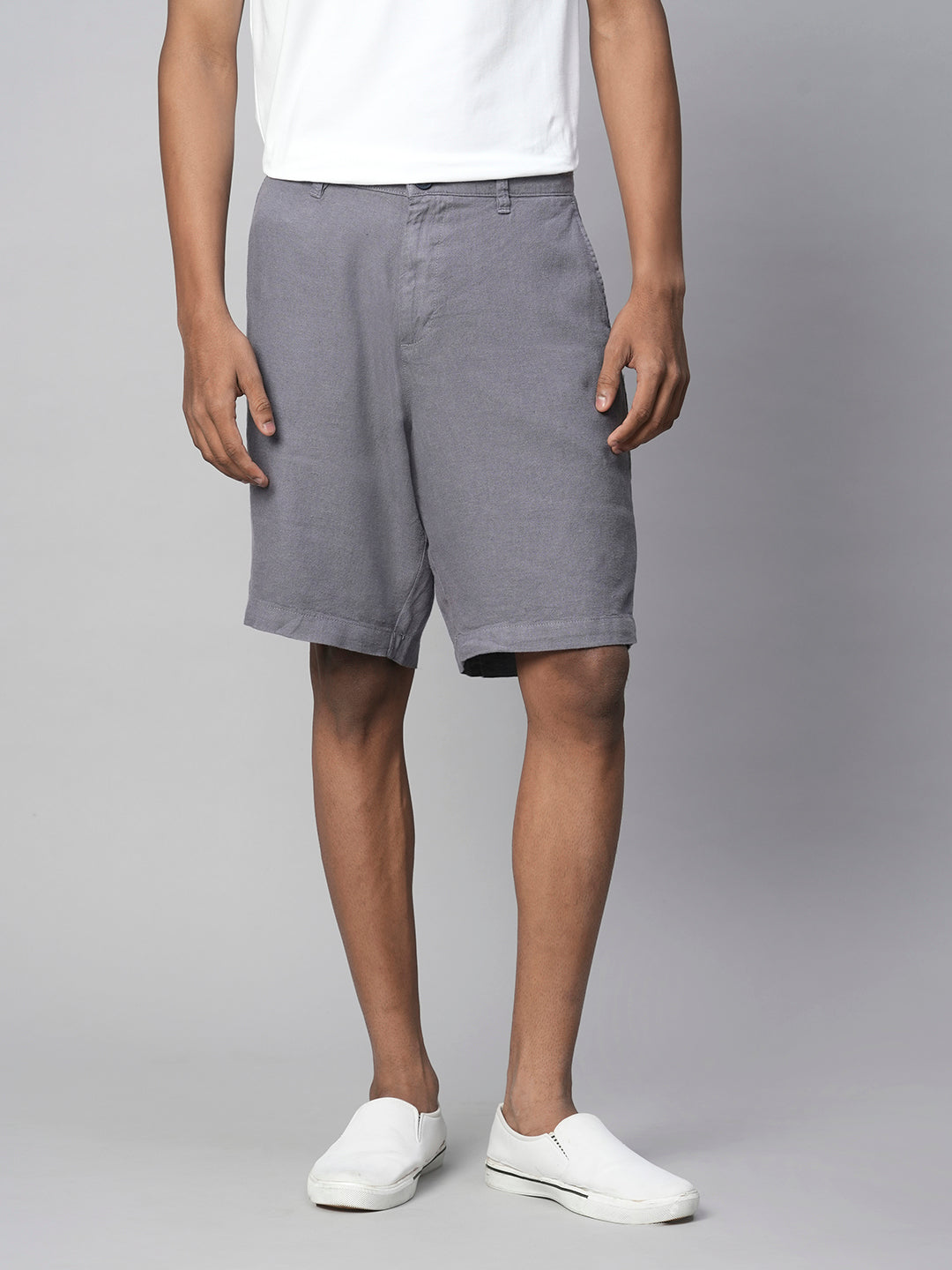 Men's Grey Linen Viscose Regular Fit Shorts