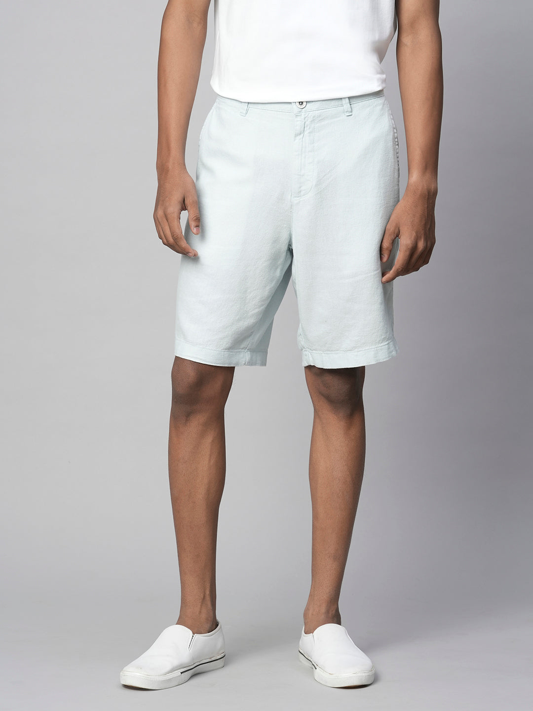 Men's Light Blue Linen Viscose Regular Fit Shorts